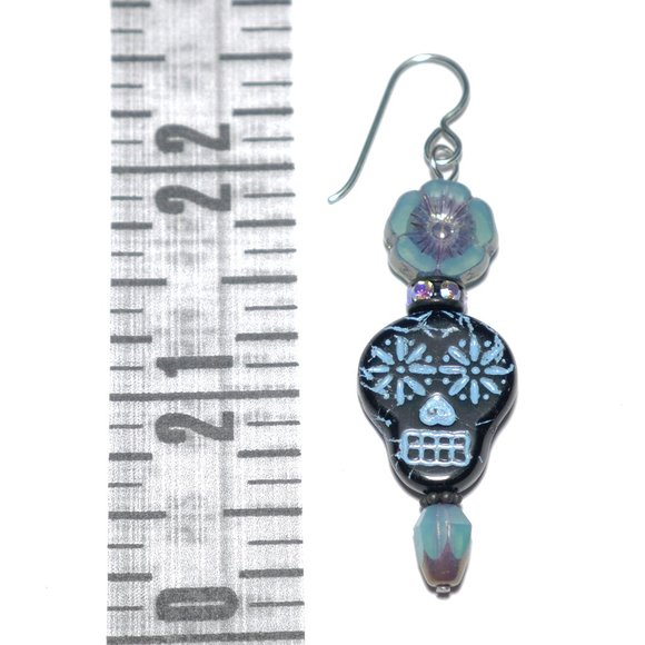 Hand Crafted Handmade Earrings Blue & Black Sugar Skull Calavera Long Ea… - Picture 4 of 5